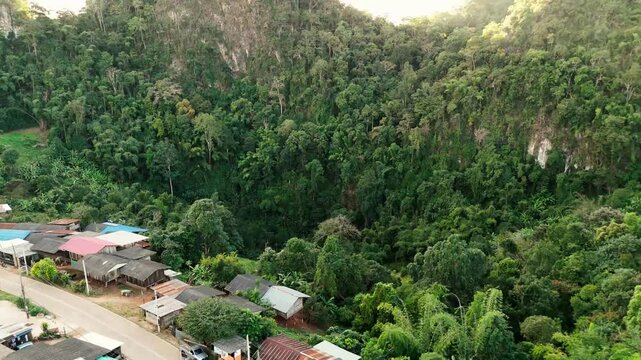 Drone close up Ban Jabo remote small village in Mae Hong Son province of norther Thailand , home ofLahu tribes community aerial footage