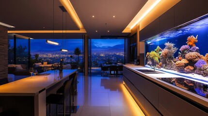 A spacious modern kitchen with a glowing aquarium as the centerpiece, filled with vibrant fish and coral, enhancing the decor