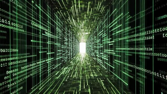 Futuristic digital data tunnel with green binary code and bright light at the end