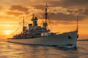 Fototapeta premium Warship sailing at sunset, showcasing naval power.