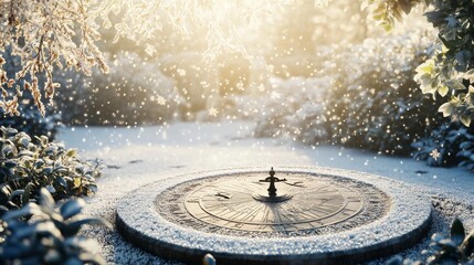  a whimsical winter garden where a sundial casts a dramatic shadow marking the solstice, surrounded by snowflakes and frosted holly branches, celebrating December Solstice,