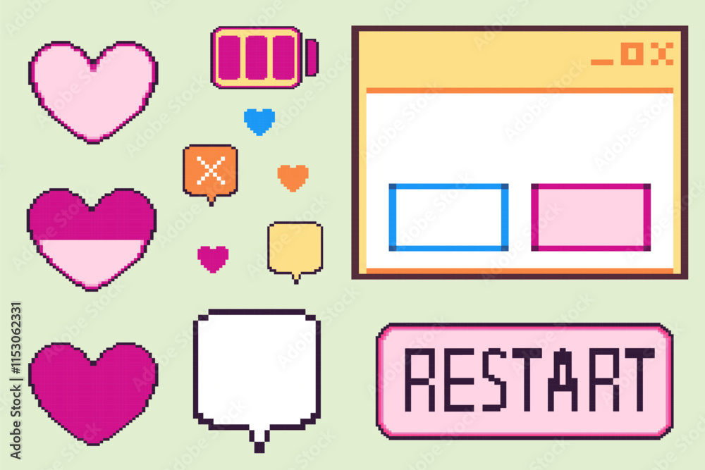 Aufkleber Pixel art game UI collection - hearts in different sizes, battery indicator, chat bubbles, interface frames and restart button. Vector set for retro gaming assets and 8-bit style interfaces.
