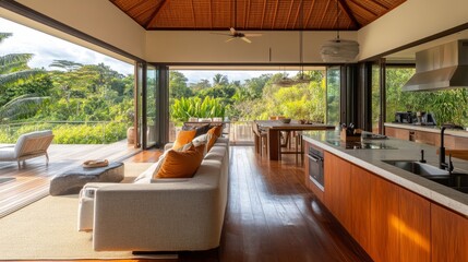 A stunning open kitchen and living area with panoramic views of the back terrace, blending luxury and comfort.