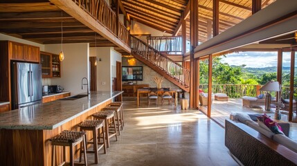 A stunning open kitchen and living area with panoramic views of the back terrace, blending luxury and comfort.