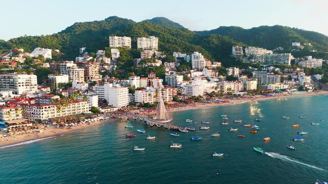 Aerial view of the zona romantica of the city. Popular beach full of tourists