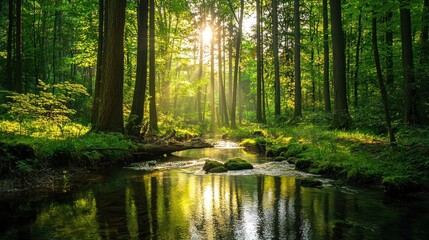 Obraz premium Sunlit Forest Stream Reflecting Trees And Sky