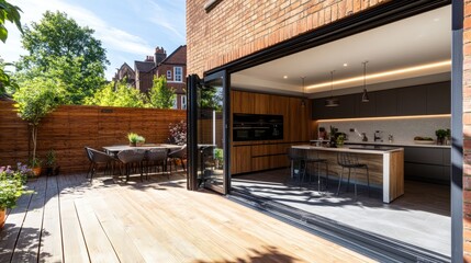 A stylish open kitchen connecting seamlessly to a chic living room and a sunlit back terrace with wooden decking.