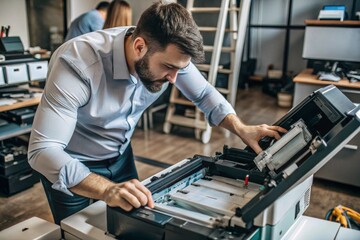 Photocopier Technician Refilling Toner and Replacing Cartridges in Office Environment