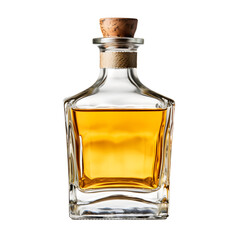 a glass bottle with a cork and a yellow liquid