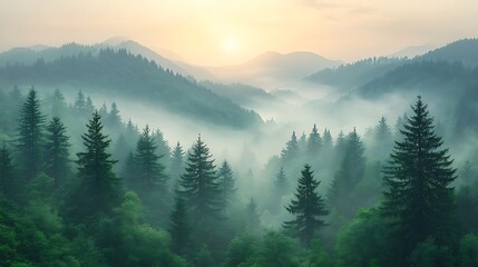 Misty Mountain Landscape with Pine Trees and Scenic View