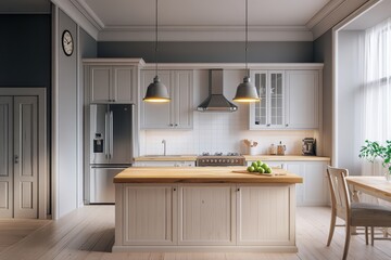 Elegant kitchen with island, wood countertop, white cabinets, and stainless steel appliances.