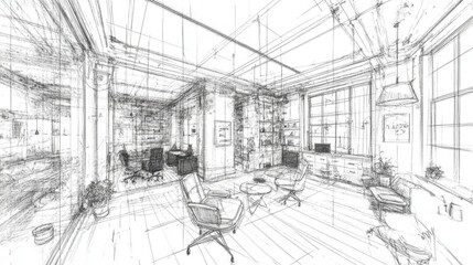 hand drawn architectural sketch of modern co working space featuring open layout, large windows, and stylish furniture. design emphasizes creativity and collaboration