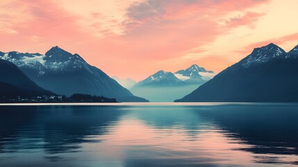 Serene Sunset Over Majestic Mountain Lake Landscape