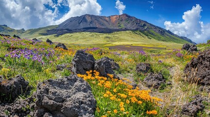 Volcanic Landscape Adorned With Vibrant Wildflowers