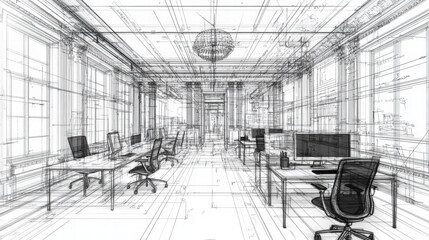 minimalist office design featuring clean lines and spacious layout, showcasing desks, chairs, and modern technology in bright environment