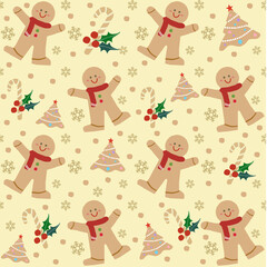 Seamless Pattern Gingerbread, christmas tree, snowflake, holly berry mistletoe with candy on yellow background. Design for wallpaper, wrapping paper,gift, pillowcase, napkins, book cover.