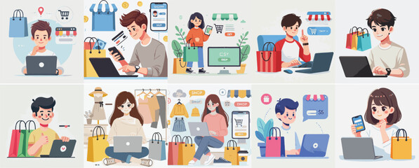 Vector set of a teenager shopping online with a simple flat design style