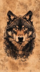 Obraz premium A detailed illustration of a wolf's head on a textured background.