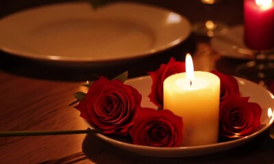 Romantic candlelit dinner setup with roses for a special occasion in an intimate setting