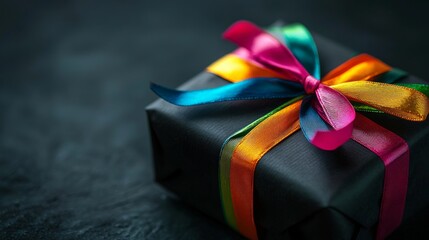 a gift wrapped with a rainbow ribbon
