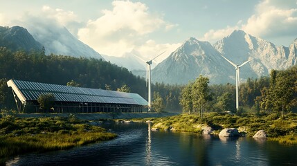 Sustainable energy sources nestled in a serene mountain lake setting with Solar panels wind turbines coexist peacefully nature.