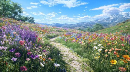 A winding path leads through a vibrant alpine meadow