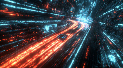 Fototapeta premium Abstract light speed motion trails. Futuristic flash, movement effects in blue and red colors. Dynamic glowing road streaks, quick car lines isolated on transparent background Vector illustration