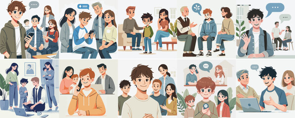 vector set of a teenager chatting with his family in a simple flat design style