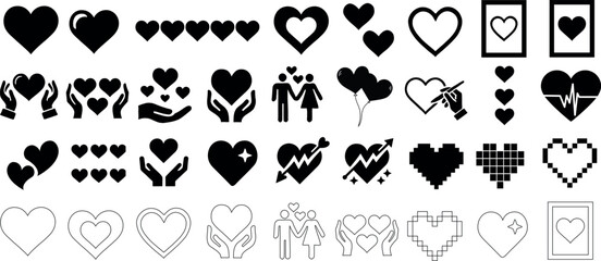 Heart icon set, love symbols vector, romantic design elements. Diverse heart shapes, hands holding hearts, couples, pixel and line art hearts for Valentine's Day, weddings, health, and relationship