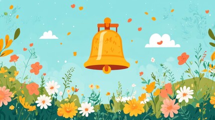 Golden Bell Rings in Spring Flower Meadow - Joyful Springtime Announcement