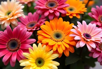 Gerberas of various varieties and colors, close up view
