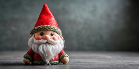 Cute Christmas Gnome Elf Figurine, Festive Holiday Decoration, Grey Background Stock Photo