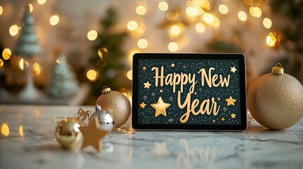 a tablet mockup displaying a happy new year background