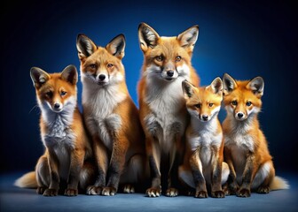 Fototapeta premium Cute Foxes Row Aerial View Dark Blue Gradient Background Modern Design Web Background