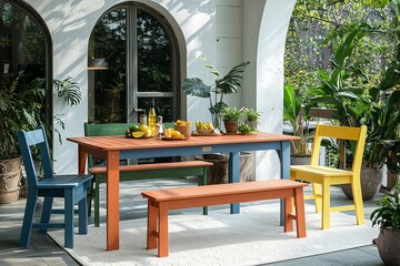 Fototapeta premium Colorful wooden outdoor dining set with table, two chairs, and bench, white area rug, green plants, and natural light through a white arched window frame.