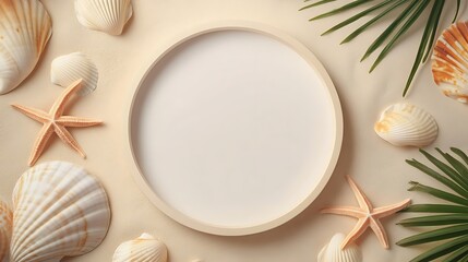Blank circular frame mockup surrounded by seashells and palm leaves on beige background.