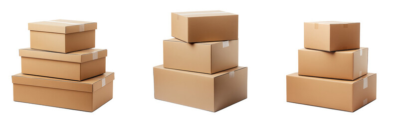 Obraz premium Stack of Three Plain brown Cardboard Boxes | Isolated on Transparent & White Background | PNG File with Transparency