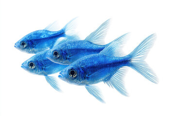 Fototapeta premium Two blue fish swimming gracefully on a white background.
