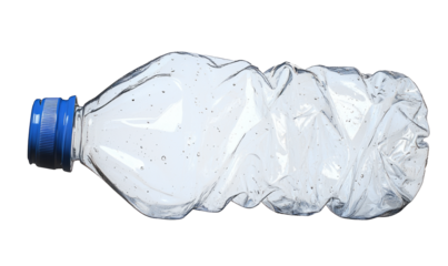 close up used transparent PET plastic water bottle on white background; sustainable environment concept.