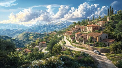 Hillside Village Nestled Among Majestic Mountains