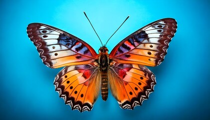Fototapeta premium A butterfly on a blue background and highlighting its delicate wings, vibrant and serene appearance