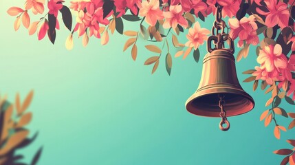 Vintage Bell Hanging Amidst Blooming Flowers - Serene Springtime Scene
