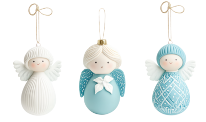 A charming angel figurine with blue accents, isolated on white background, representing Christmas joy and innocence.