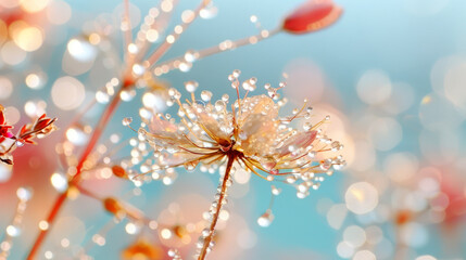 Fototapeta premium Macro of Beautiful blooming dandelion seeds parachute flower petal with water dew drops and splash atmosphere after rain 