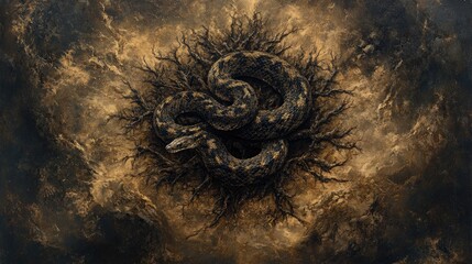 A dark, artistic depiction of a snake coiled amidst abstract, organic forms.