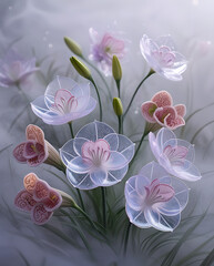 Fototapeta premium A beautiful spectrum of Alstroemerias flowers with delicate, translucent petals illuminated by soft light. Created with generative AI
