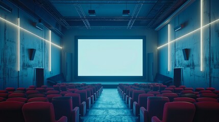 Empty Modern Movie Theater with Blank Screen and Blue Lighting