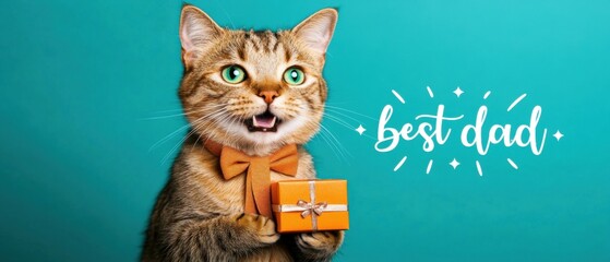 Adorable Cat with Bow Tie Presents Gift for Best Dad, Fathers Day