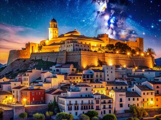 Fototapeta premium Dalt Vila Ibiza Night Photography: Majestic Fortified Old Town Walls Illuminated