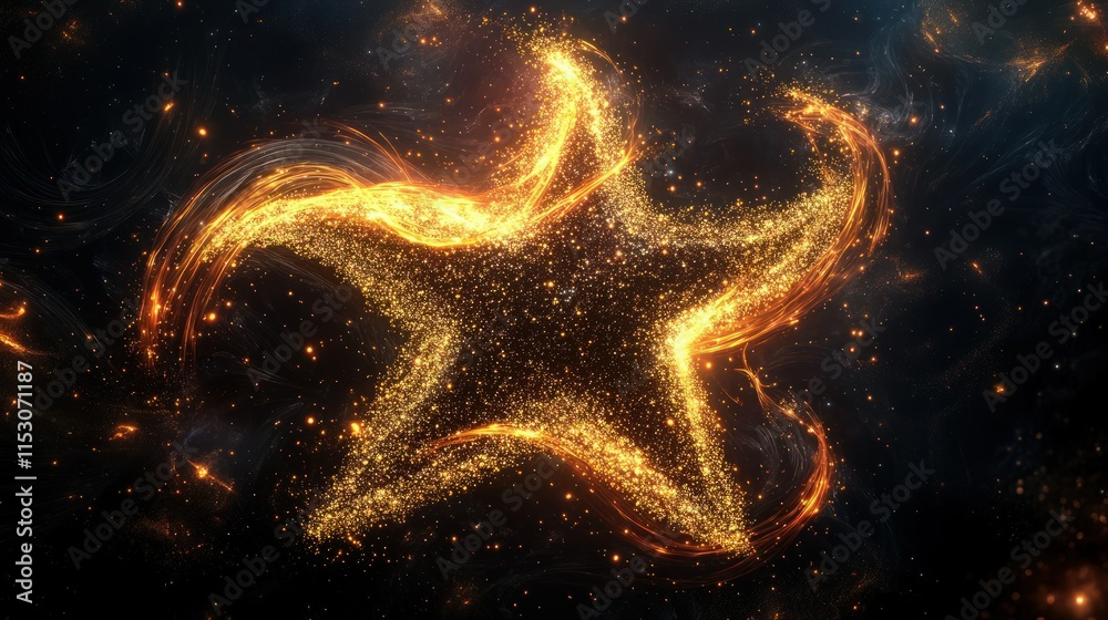Wall mural a dynamic and luminous star constructed from glittering golden particles intertwined with flickering